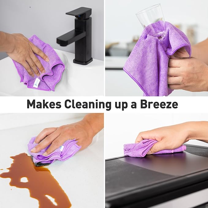 Purple Microfiber Cleaning Cloth, Ultra Soft Absorbent Microfiber Cleaning Rags for Housekeeping Cleaning Supplies, Lint Free Reusable Cleaning Cloths for House Washable, Pack of 12
