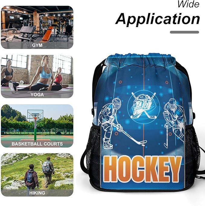 Hockey Drawstring Backpack - Cool Cinch Sack, String Backpacks with Pocket for Kids Women Men Boys Girls for Gym Outdoor Sports Travel Athletic Drawstring Bag - Lightweight/Foldable