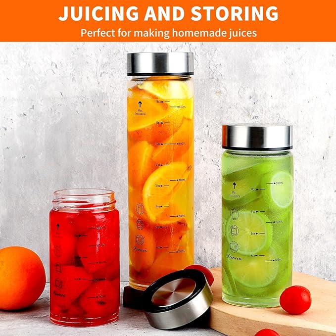 Glass Juice Bottles 4 Pack 12 oz - Wide Mouth Glass Water Bottles with Lids - for Juicing, Protein, Smoothie, Milk, Reusable, BPA Free, Stainless Steel Lids, Blender, Shaker Bottle [12oz/400ml]