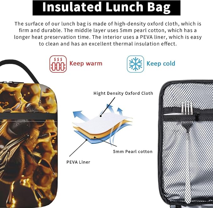 Insulated Lunch Box for Women Men, Bee Lunch Box Reusable Portable Lunch Bag Cooler Tote Waterproof Lunch Container for Office Picnic Work Travel Hiking