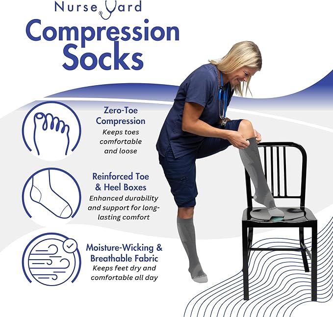 Compression Socks for Nurses - Women & Men - 20-30mmHg Graduated Compression, Zero-Toe Compression, For Medical Staff, Nursing, Athletic Support Such As Running, Cycling, Hiking - 1 Pair