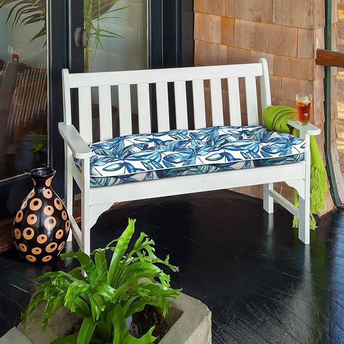 Tufted Bench Cushion for Outdoor Furniture, Patio Swing Cushion 44 x 19 x 5 Inch, Overstuffed Outdoor Chair Cushion for Garden Loveseat Lounge Storage, 1 Pack, Leaves Ink Blue