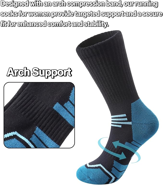 FNOVCO Women's Hiking Walking Running Crew Socks Thick Cushioned Athletic Compression Socks 5 Pairs