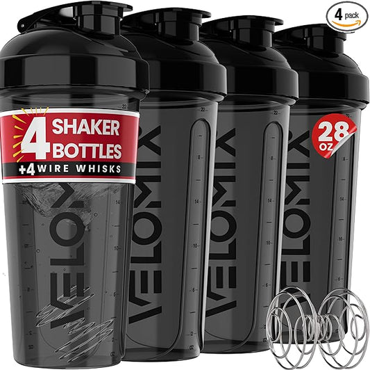 -4 PACK- 28 oz Protein Shaker Bottle for Protein Mixes - 4x Wire Whisk | Leak Proof Shaker Cups for Protein Shakes | Protein Shaker Bottle Pack | Protein Shake Cup(All in Black)
