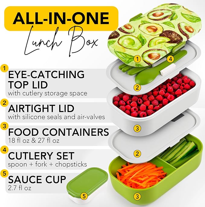 Insulated Stackable Bento Box for Adults with Reusable Chopsticks Japanese Lunch Box Microwavable & Leak Proof Lunch Containers for Men & Women Modern Cute Food Container with Compartments (Green)