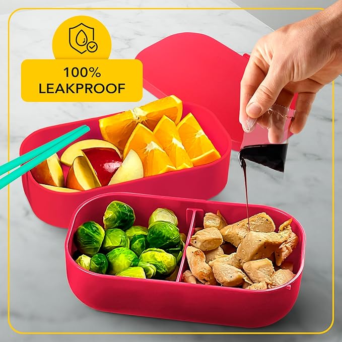 Insulated Stackable Bento Box for Adults with Reusable Chopsticks Japanese Lunch Box Microwavable & Leak Proof Lunch Containers for Men & Women Modern Cute Food Container with Compartments (Red)