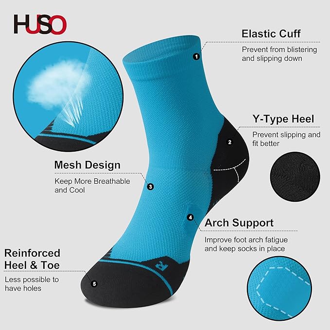 HUSO Compression Ankle Running Socks: Athletic Socks for Men Women with Cushion,Work Hiking Basketball Sport Socks 3 Pairs
