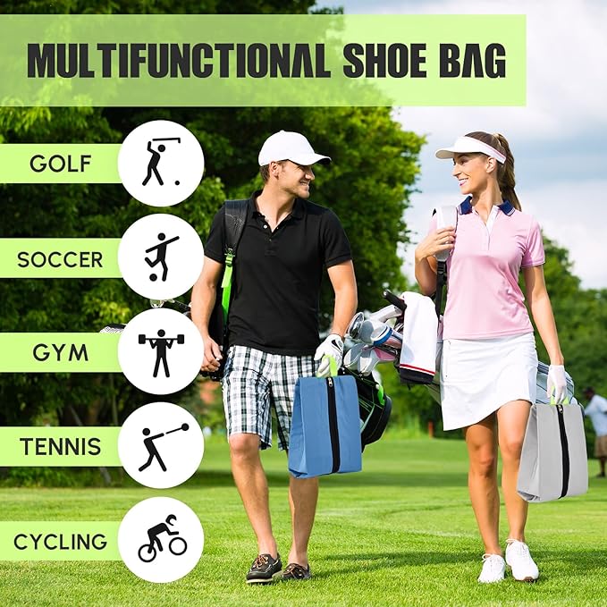 2 Pack Smell Proof Shoe Cleat Bag for Travel Water-Resistant Odor Absorbing Lightweight Golf Soccer Shoe Storage Organizer Pouch with Zipper for Gym Sports Travel Work (Gray, Blue)