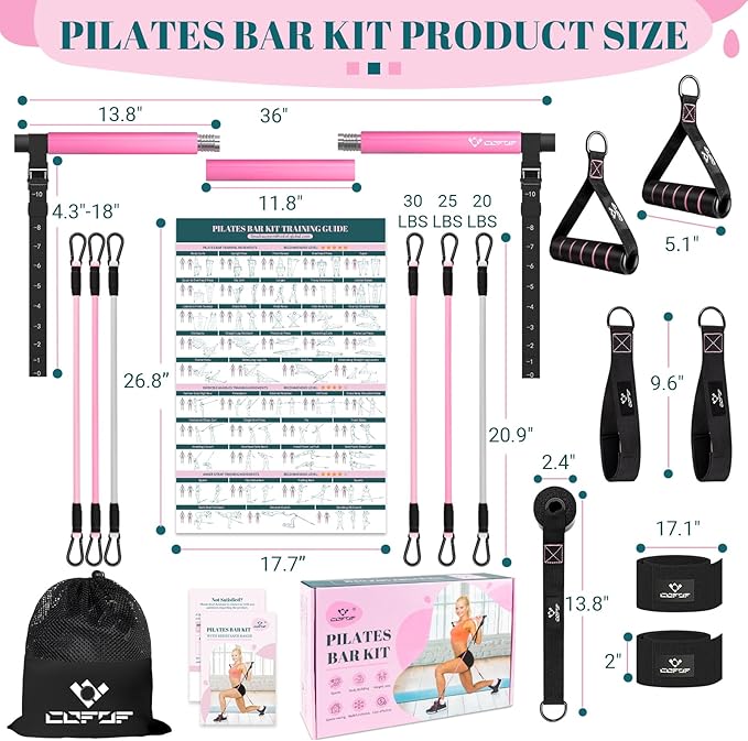 Pilates Bar Kit with Resistance Bands, Multifunctional Yoga Pilates Bar with Heavy-Duty Metal Adjustment Buckle, Portable Home Gym Pilates Resistance Bar Kit for Women Full Body Workouts