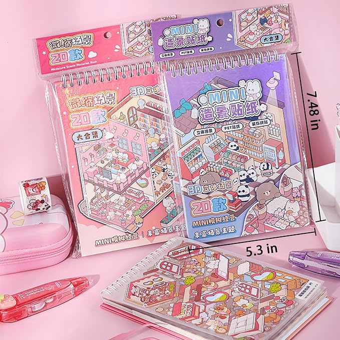 20 Sets DIY 3D Scene Sticker Book for Adults,Cute Sticker Therapy 3D Scenes Relief Stress Pass -Bakery, Library, Panda Supermarket,Tea Party