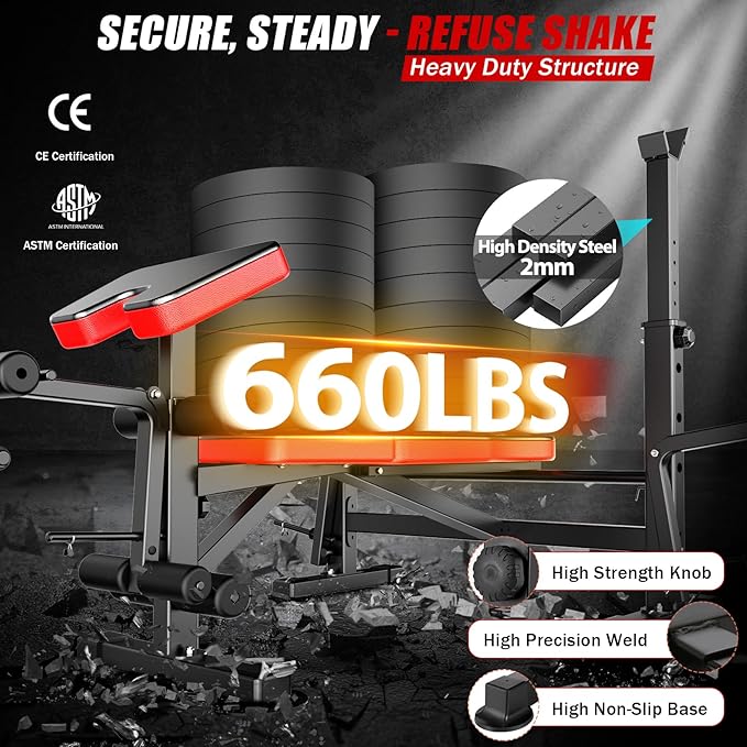 OPPSDECOR 6 in 1 660lbs Weight Bench with Leg Extension and Leg Curl, Foldable Bench Press Set and Squat Barbell Rack with Preacher Curl, Adjustable Workout Bench for Home Gym Strength Training PXZXYX1