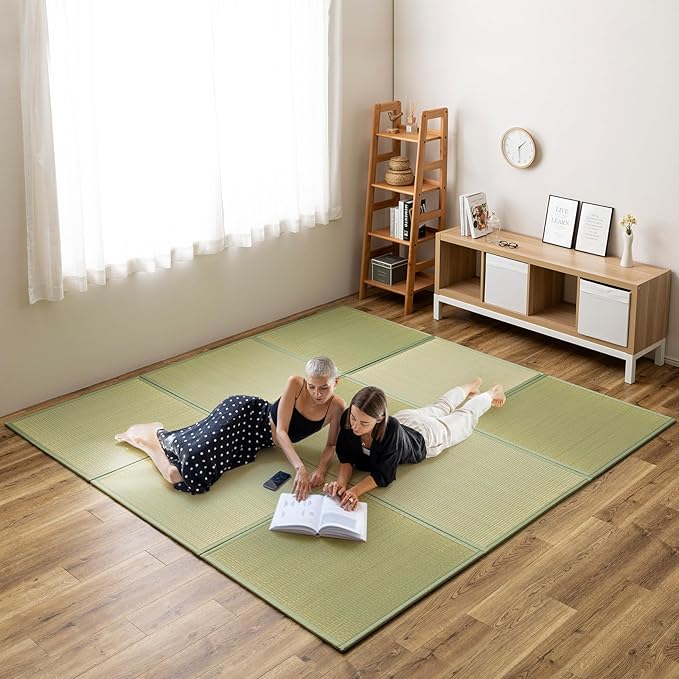 HAGiHARA Japanese Tatami Mat, Patchwork Tatami Floor Mats, 96" x 96" Foldable Square with Non-Slip Design for Bedroom, Crawling and Yoga, Made of Rush Grass, Igusa(with Edge/9 Picecs)
