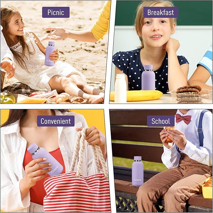 Small Water Bottle 12oz with Clip, Double Wall Stainless Steel Vacuum Small Insulated Water Bottle Keeps Drinks Cold 24 Hrs/Hot 12 Hrs for Kids Handbag School BPA Free (Purple)