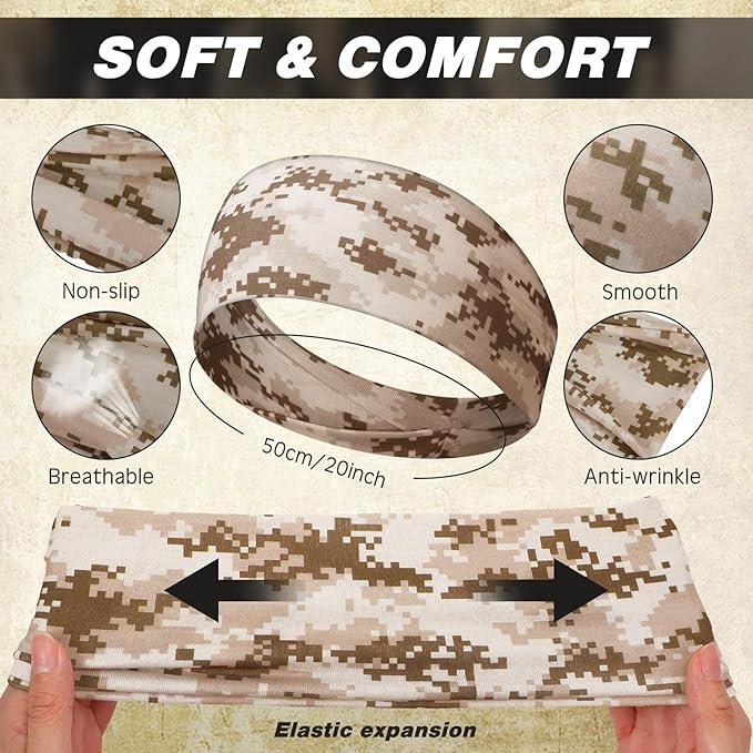 18 Pcs Sports Sweatbands for Men Women Camo Headbands Workout Non Slip Headbands Breathable Head Band Fitness Stretchy Unisex Hairband for Yoga Running Cycling Ball