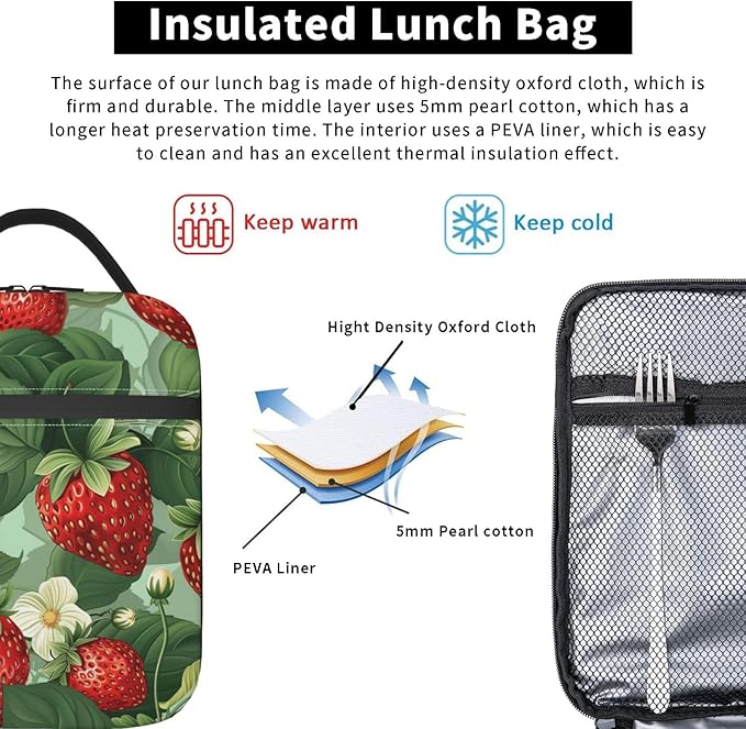 Fresh Strawberry Pattern Insulated Lunch Box Gifts for Girls Women Kids Adults Red Berry Fruit Design Reusable Portable Lunchbox Cooler Lunchbag for Work Picnic School Travel or Hiking