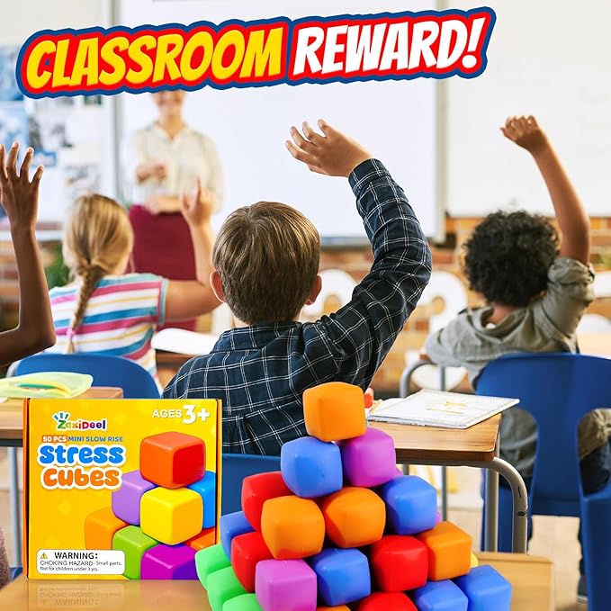 Mini 50 Pack Slow Rising Stress Cube, Dough Stress Balls Soft Fidget Squishy Toys for Anxiety Relief, Pull Stretch Fidgets for Classroom Prize, Bulk Toys Classroom Reward for Student Teacher
