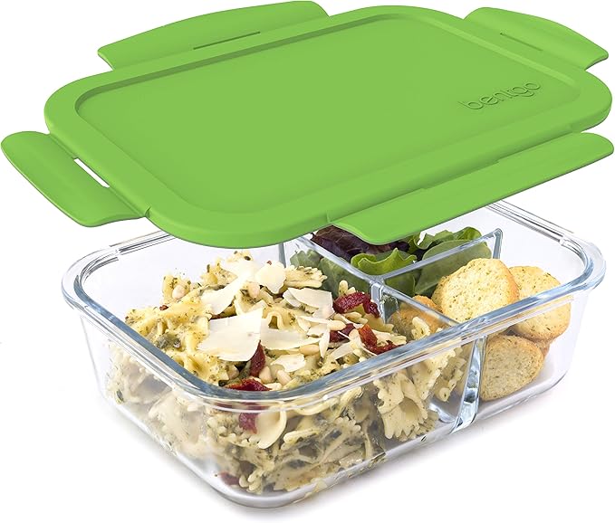 Bentgo Glass Lunch Box - Leak-Proof Bento-Style Food Container with Airtight Lid and Divided 3-Compartment Design - 5 Cup Capacity for Meal Prepping, and Portion-Controlled Meals for Adults (Green)
