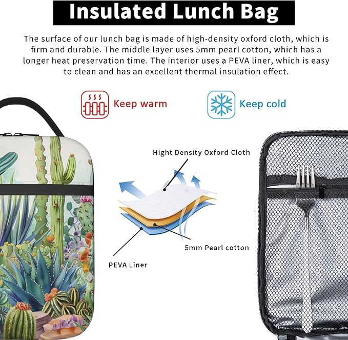 Cactus Lunch Box for Women Adults Kids, Insulated Cooler Lunch Bag for Picnic, School, Office, Travel, Work, Portable Reusable Polyester Tote Thermal Lunch Bags (Cactus & Floral)