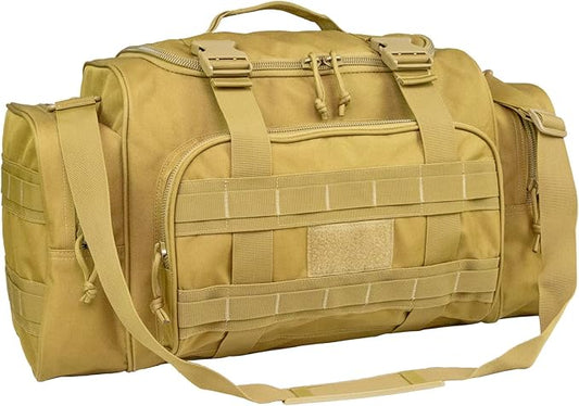 Duffel Bag – Heavy Duty Tactical Gym Bag for Men, Splashwater-Proof Weekender Travel Bag for Basketball, Football, Soccer, Hiking, and Hunting (Khaki)