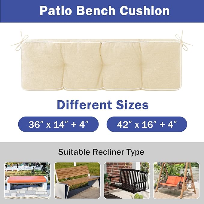 Bench Cushions for Outdoor Furniture, 42 x 16 Inch Outdoor Bench Cushion, Patio Bench Cushion with Durable Ties, Long Patio Seat Cushions for Garden, Indoor, Kitchen&Dining, Beige
