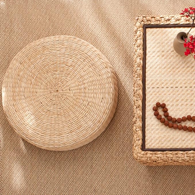 Comfortable Round Seat Cushion, Natural Straw Pouf Tatami Floor Pouf, Meditation Cushion 45cm