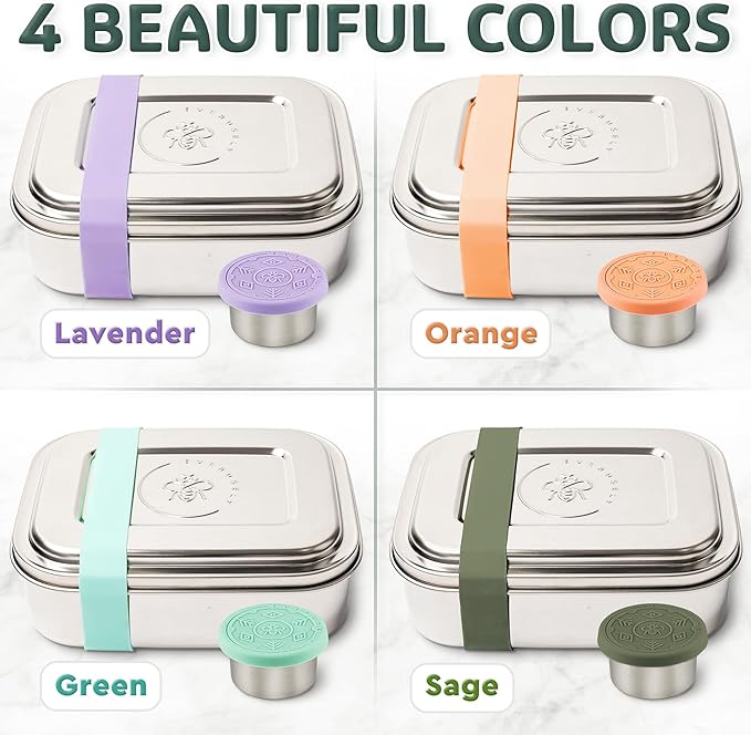 Everusely - Bento Box - Sage, 60oz / 1.8 L - Stainless Steel Lunch Box with Leakproof Condiment Container - 3 Compartment Snack Organizer for On the Go Meals - Freezer & Dishwasher Safe