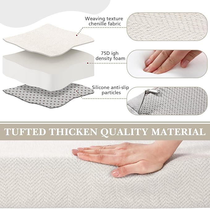 Leinuosen Bench Cushion 42x16x4 Inch for Indoor Furniture Weaving Texture Chenille Kitchen Bay Window Non Slip Seat Cushion Tufted Thicken Pad for Patio Porch, Mudroom Entryway (Beige)