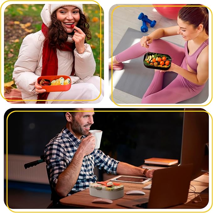 Insulated Stackable Bento Box for Adults with Reusable Chopsticks Japanese Lunch Box Microwavable & Leak Proof Lunch Containers for Men & Women Modern Cute Food Container with Compartments (Yellow)