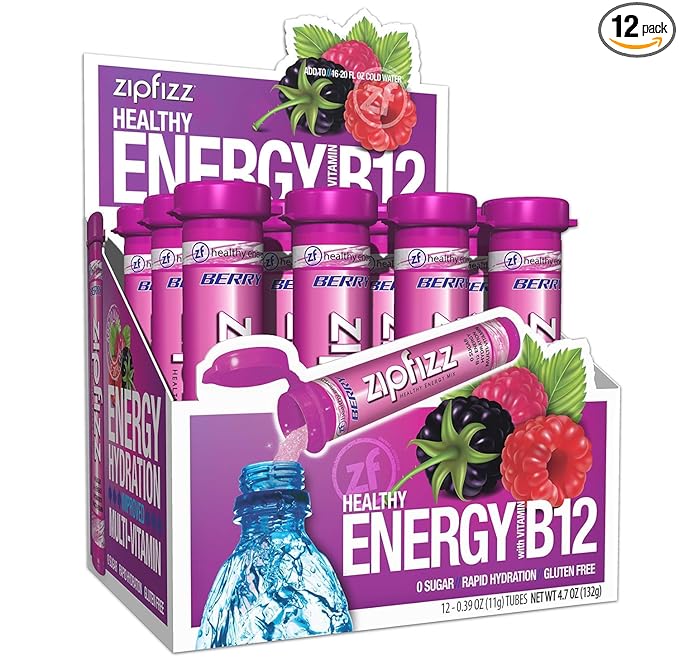 Zipfizz Daily Energy Drink Powder, Berry, 12 Pack | 3-in-1 Sustained Energy, Rapid Hydration, and Essential Vitamins | Sugar-Free | Electrolyte Powder | Contains Vitamin B-12 & Antioxidants