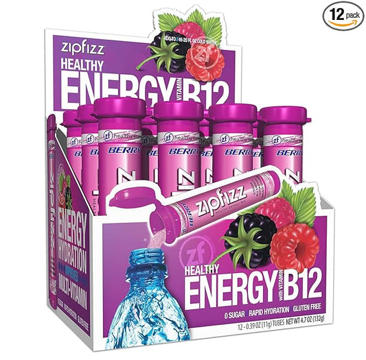 Zipfizz Daily Energy Drink Powder, Berry, 12 Pack | 3-in-1 Sustained Energy, Rapid Hydration, and Essential Vitamins | Sugar-Free | Electrolyte Powder | Contains Vitamin B-12 & Antioxidants