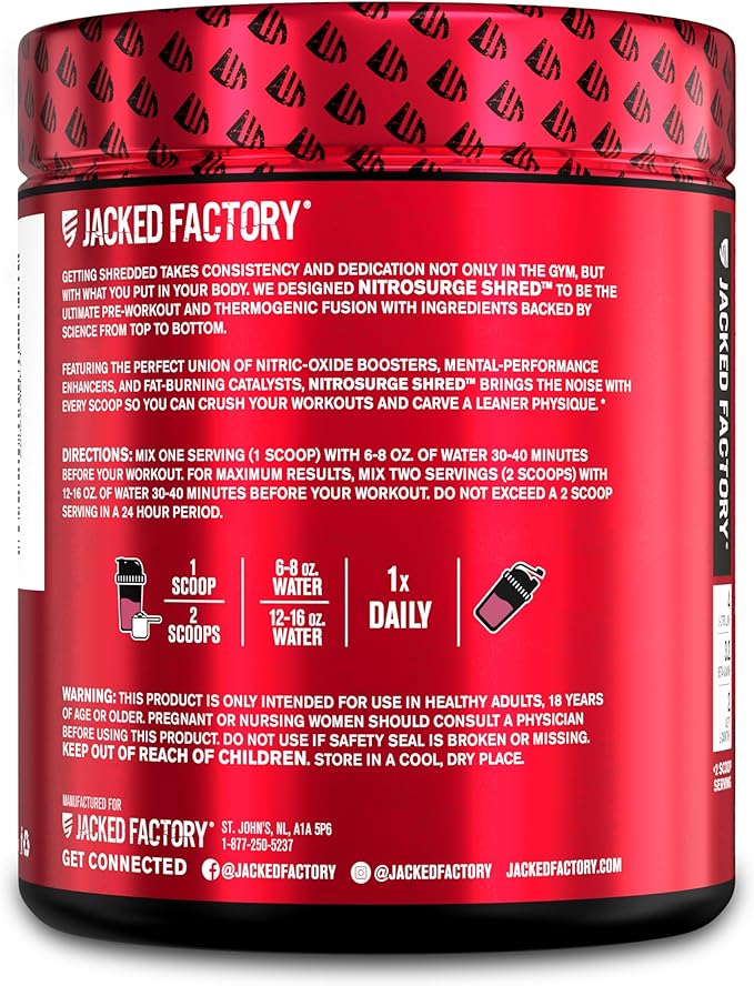 Jacked Factory NITROSURGE Shred Pre Workout Supplement - Energy Booster, Instant Strength Gains, Sharp Focus, Powerful Pumps - Nitric Oxide Booster & PreWorkout Powder - 30Sv, Watermelon