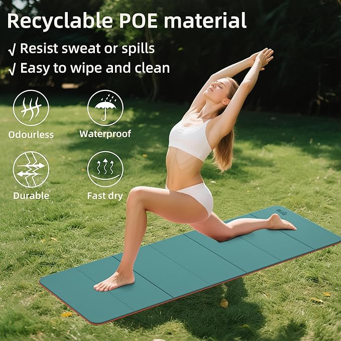 Foldable Yoga Excercise Mat 71"L x 24"W, Odourless Light Weight POE Mat For Home Fitness and Gym Workouts, 1/4 inch Non-slip Design for All Types of Yoga Pilates