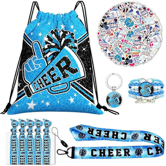 Cheerleading Drawstring Bag Set Including Drawstring Sackpack Stickers Lanyard Keychains Bracelets Hair Ties 6 Pcs