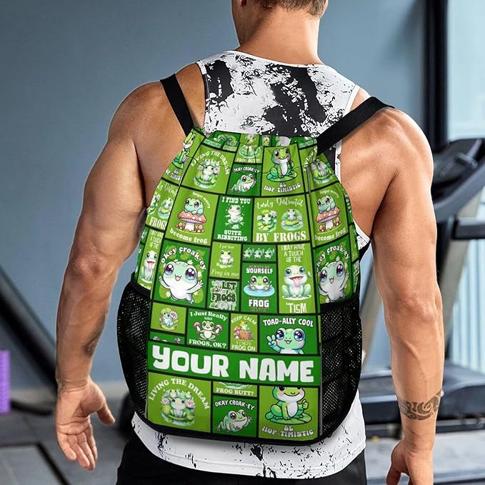 Custom Frog Drawstring Backpack - Cute Cinch Sack, String Backpacks with Pocket for Kids Women Men Boys Girls for Gym Outdoor Sports Travel Athletic Drawstring Bag - Lightweight/Foldable