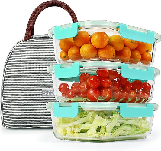 DAS TRUST 3 Pack Glass Food Storage Containers Reusable Meal Prep Containers Reusable Fridge Organizers Lunch Container for Adults Food Storage Containers with Lid Airtight Pizza Storage Salad