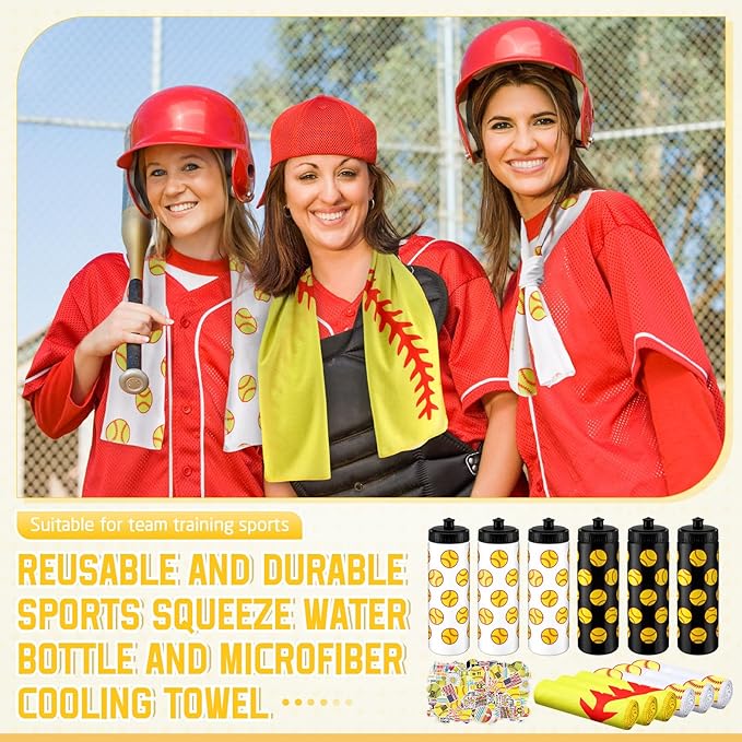 12 Pcs Softball Water Bottle Softball Cooling Towel Set with 50 Sticker Sports Party Favors Include 6 Reusable Sports Squeeze Water Bottle 6 Ice Towel Breathable Fast Drying for Team Gifts