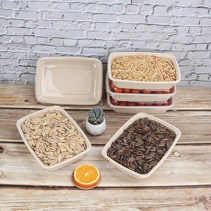 32 oz Rectangle Disposable bowls with lids,Sugarcane Fibers Bowls take away food containers Plant Fibers Freezer Safe 50 Pack