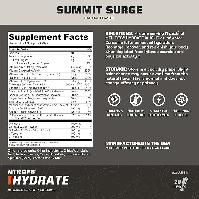 MTN OPS Hydrate Electrolytes Powder Drink Mix, 20 Single Serving On-The-Go Electrolyte Packs with Over 1000mg of Electrolytes per Serving, Hush Summit Surge