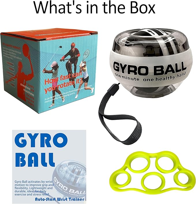 Auto-Start Gyro Ball Wrist Trainer – No Counter Grip Strengthener with Finger Band for Hand & Forearm Exercise – Stress Relief Spinner for Office, Rehab & Fitness