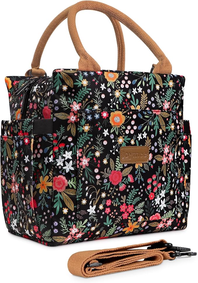 Joymee Lunch Bag Women, Leakproof Insulated Floral Lunch Box with Adjustable Shoulder Strap Large Reusable Adult Lunch Box Lunch Tote Lunch Bag with Water Bottle Holder and Side Pockets-Multi-Floral