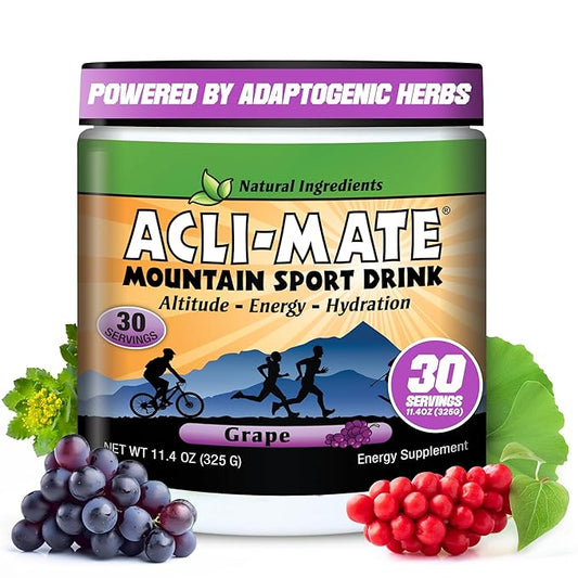 Acli-Mate Mountain Sport Drink Mix - High Altitude Acclimatization Electrolyte Powder - Energy Powder Mix - Recovery Hydration Drink for Running, Hiking, Cycling, Hunting, Skiing & More (1 Tub, Grape)
