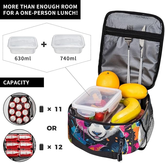 Funny Panda Lunch Box for Women Girls Boys Kids, Insulated Cooler Color Splash Panda Lunch Bag for School, Picnic, Office, Work, Travel, Portable Polyester Thermal Reusable Tote Lunch Bags