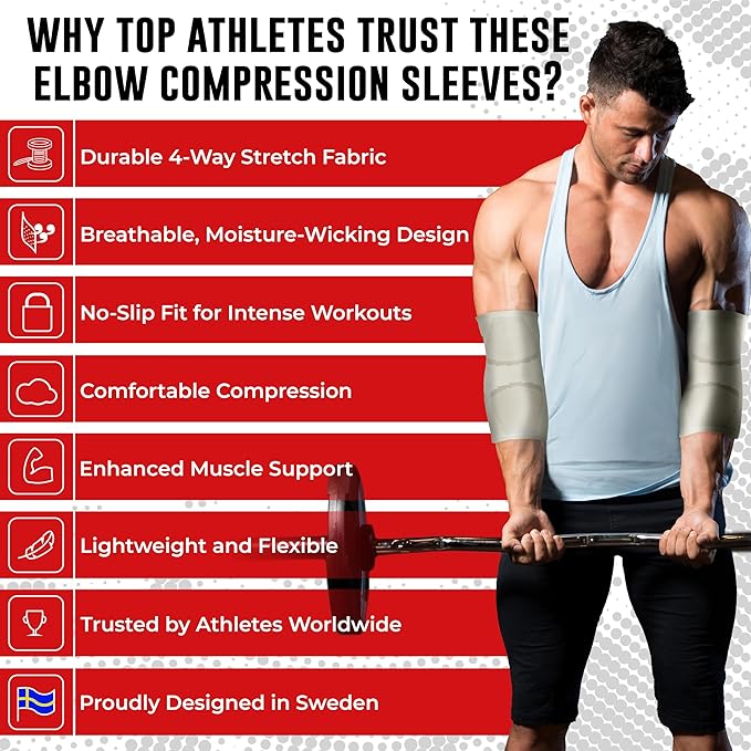 Nordic Lifting Elbow Compression Sleeves (1 Pair) for Men & Women - Support for Pain Relief, Tendonitis, Golfer’s & Tennis Elbow - Weightlifting Brace for Workout, Arm & Joint Recovery