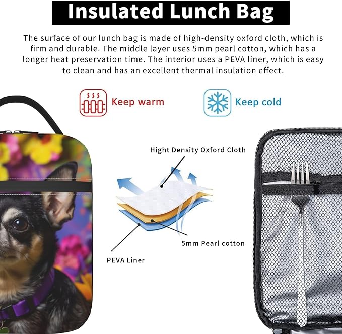 Insulated Lunch Box for Women Men, Chihuahua Dog Floral Lunch Box Reusable Portable Lunch Bag Cooler Tote Waterproof Lunch Container for Office Picnic Work Travel Hiking