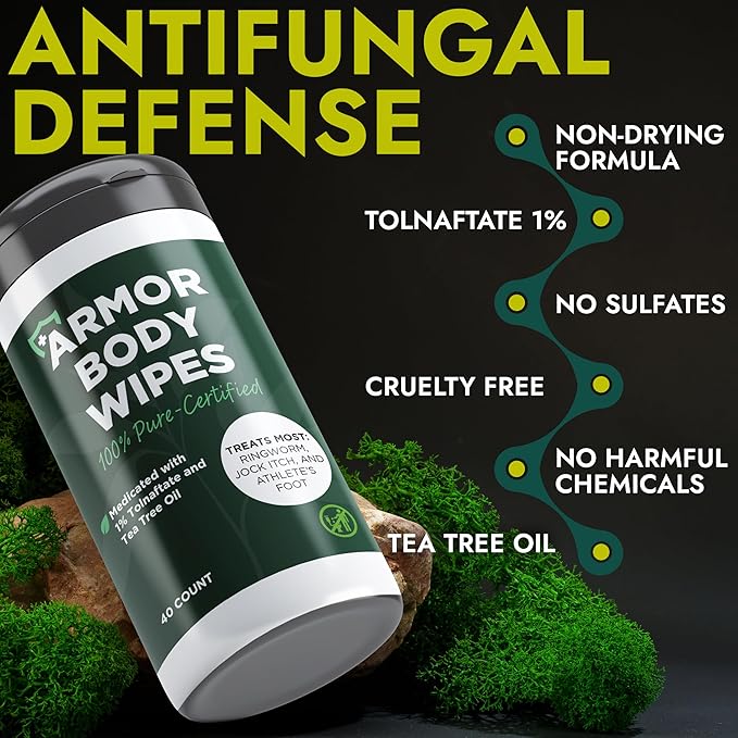 Body Wipes for Men & Women | Cleansing Body Wipes for Wrestling, Combat, Gym, Camping I Medicated with 1% Tolnaftate, Tea Tree Oil | Treats Ringworm, Jock Itch, Athlete's Foot | 40 Wipes