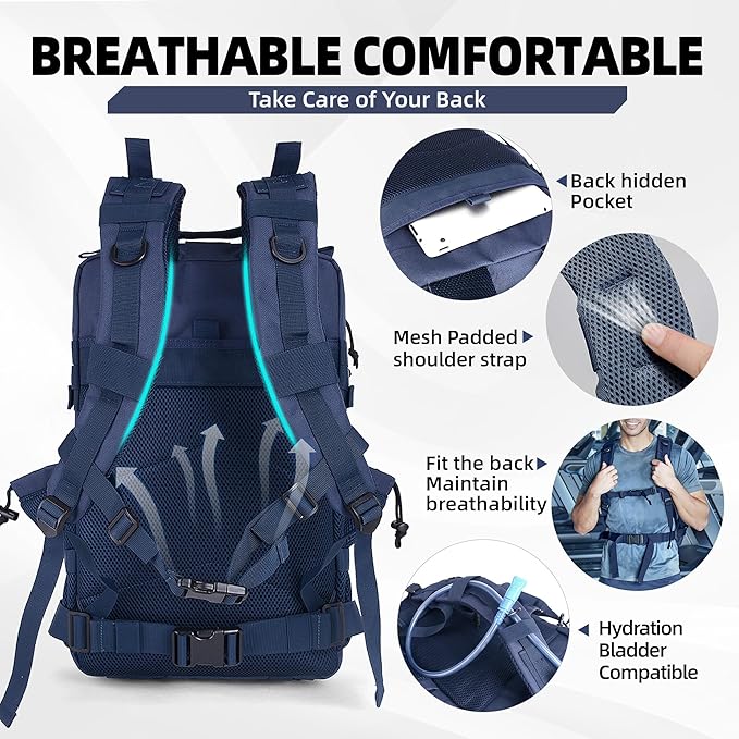 gracedon Tactical Backpack - Military Molle Bag 3 Days Pack for men and Women Large Assault Rucksack 45L (Navy)