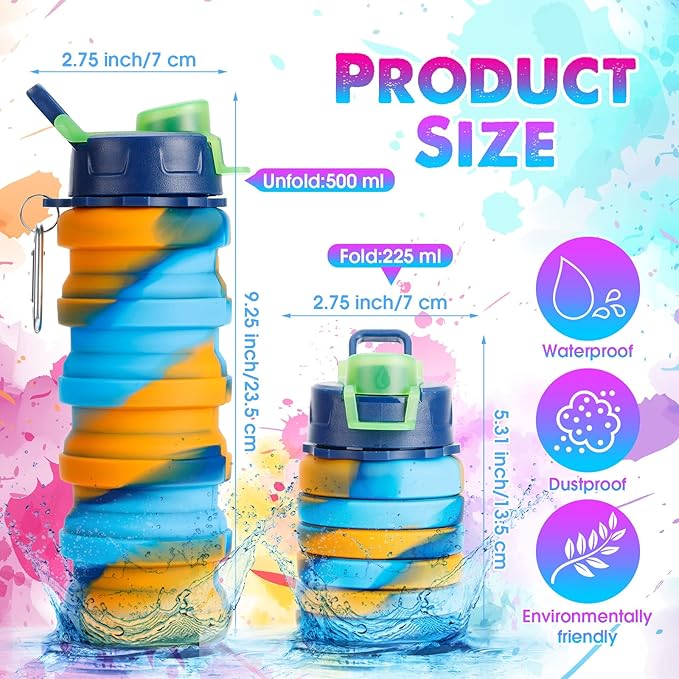 8 Pcs Collapsible Water Bottles Silicone Travel 16 oz Reusable Leakproof Foldable Water Bottles with Clip for Camping Hiking Cycling Travel Gym Yoga Outdoor Sports