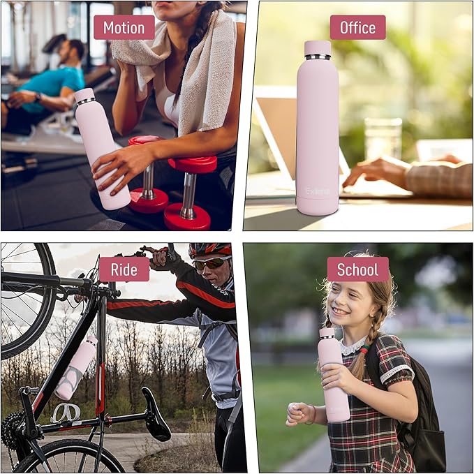 Slim Insulated Water Bottles for Travel 25oz with Clip, Double Wall Vacuum Stainless Steel Water Bottle Keeps Drinks Cold 24 Hrs/Hot 12 Hrs, 100% Leakproof, BPA Free(Pink)