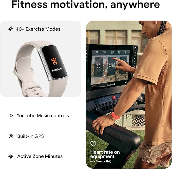 Fitbit Charge 6 Fitness Tracker with Google apps, Heart Rate on Exercise Equipment, 6-Months Premium Membership Included, GPS, Health Tools and More, Porcelain/Silver, One Size (S & L Bands Included)