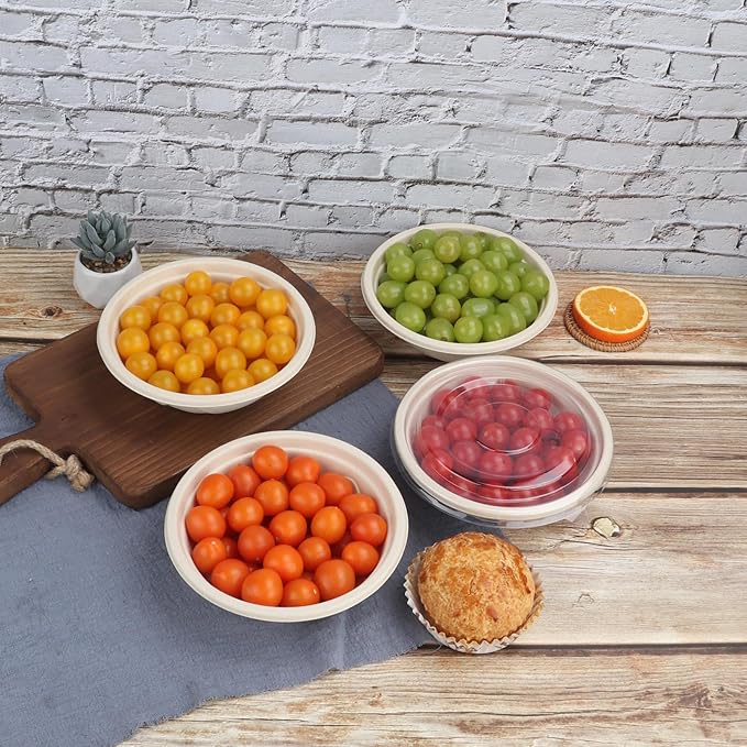 25 oz Disposable salad bowls with lids, Sugarcane Fiber Paper Bowls take away food containers meal prep deli container Freezer Safe 50 Pack